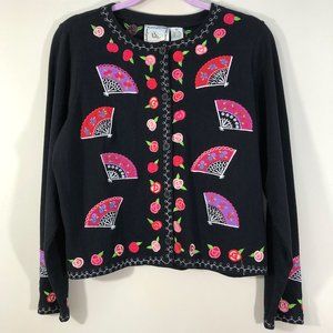 Vintage MICHAEL SIMON LITE Roses & Fans Embroidered Cotton Cardigan M